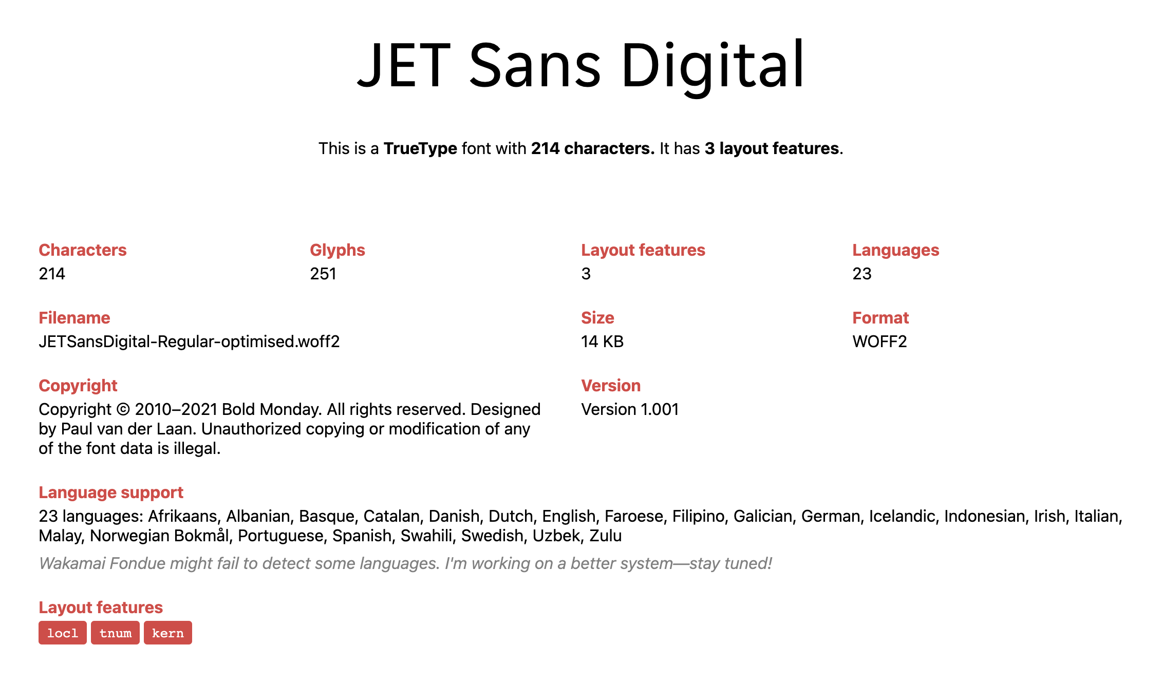 Wakamai Fondue font specification for JETSans Digital – the base subset